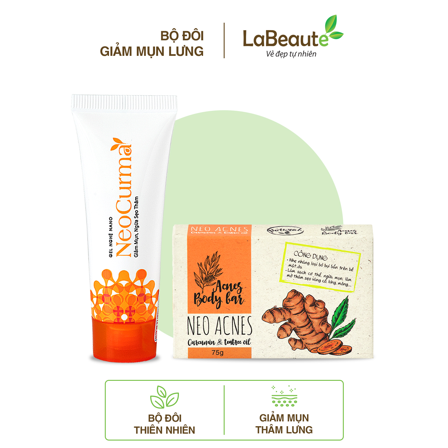 Bộ đôi Xà phòng Curcumin Neo Acnes (75G) & Gel Nghệ NeoCurma (20G) - Giảm mụn mờ thâm vùng lưng, cơ thể