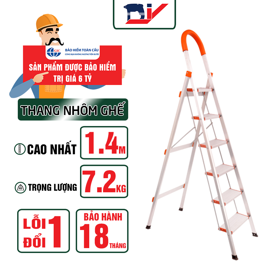 Thang nhôm ghế 6 bậc DIY TLN-06 tải trọng 150kg