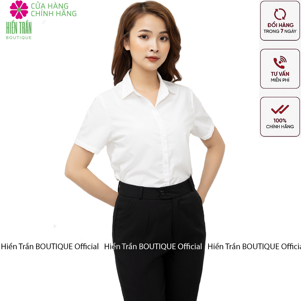 Áo sơ mi nữ Hiền Trần BOUTIQU tay ngắn form suông màu trắng xanh sơmi cộc thời trang công sở