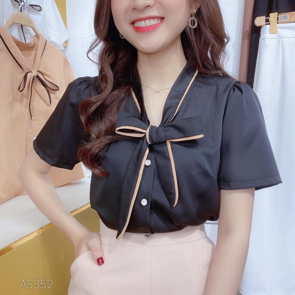 Áo sơ mi kiểu nữ PHỐI VIỀN NƠ CỔ tay ngắn thanh lịch và sang trọng