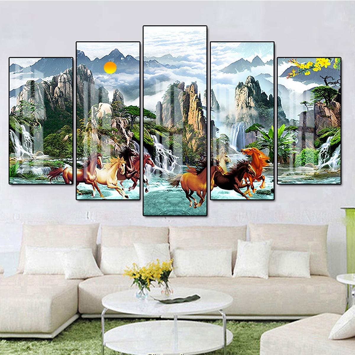 Tranh Tráng Gương Pha Lê Treo Tường Hiện Đại _ Tranh Bộ 5 Mã Đáo Thành Công