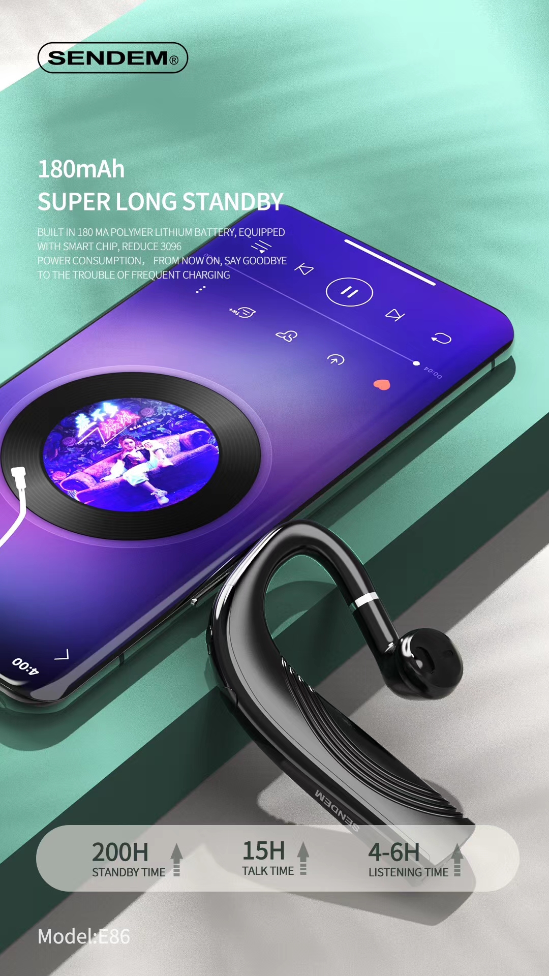 Tai nghe Bluetooth cài tai SENDEM E86 Bluetooth v5.0 xoay 180 độ - Pin 15 Tiếng, chống rơi, đeo tai trái hoặc phải - Hàng chính hãng