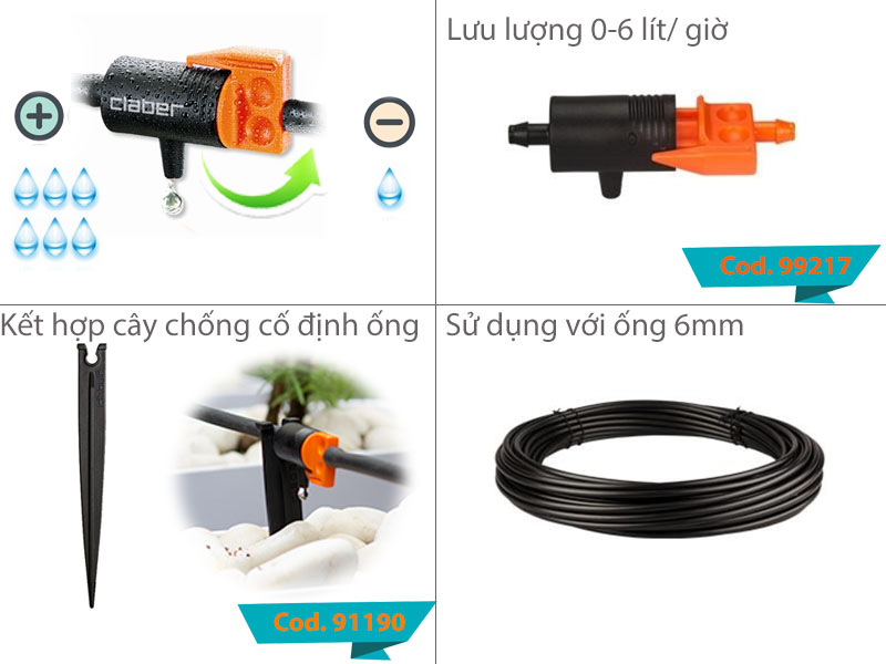 Bộ Tưới Nhỏ Giọt Cơ Bản Claber Drip Starter Kit, dùng cho 20 chậu cây, đầu tưới nhỏ giọt điều chỉnh lưu lượng 0-6 l/h DRIPKIT20TC Claber