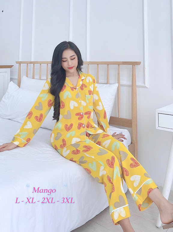 Bộ lụa mango tay dài trái tim siêu dễ thương 70-78kg