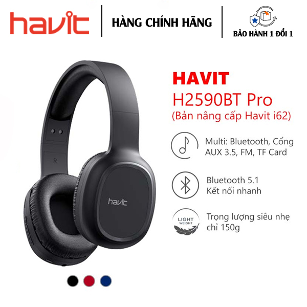 Tai nghe chụp tai Havit H2590BT Pro thiết kế năng động, cá tính thời lượng pin khủng - Hàng Chính Hãng