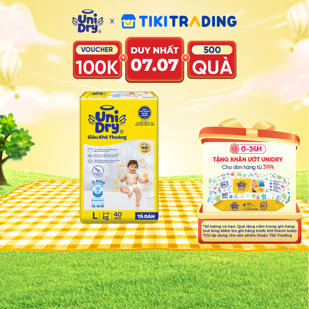 Tã dán em bé Siêu khô thoáng gói Jumbo Unidry G6X size L-40 miếng