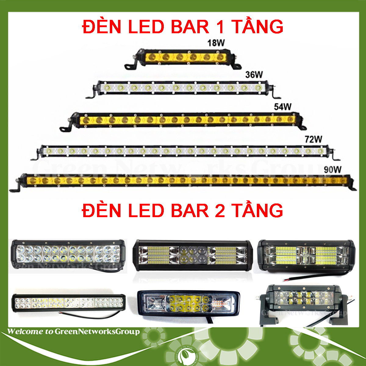 Đèn led bar trợ sáng xe tải ô tô xe offroad 1 tầng 2 tầng sáng trắng sáng vàng đủ mẫu kích thước Green Networks Group