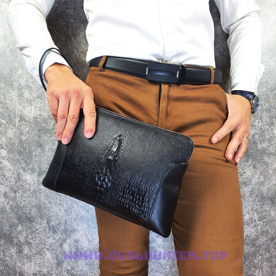 Clutch khóa số da bò phối vân cá sấu