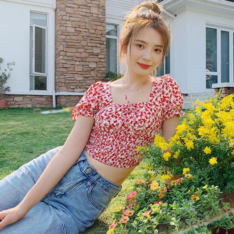 Áo Kiểu Nữ Cổ Vuông Tay Phồng In Hình Bướm Gợi Cảm