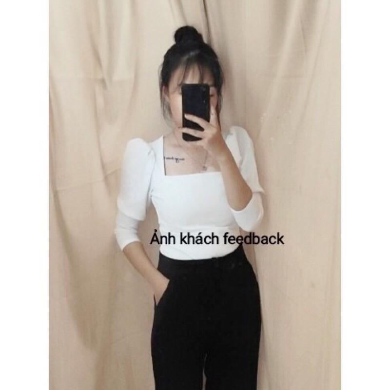 Áo cổ vuông tay phồng thanh lịch có 2 màu, có size, có ảnh thật