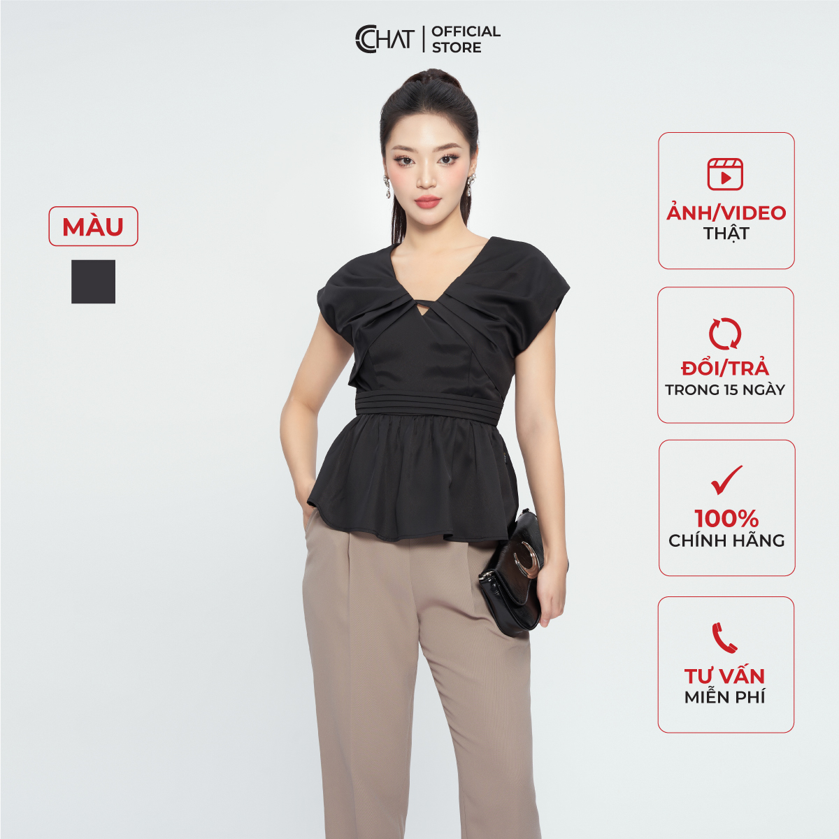 Áo Kiểu Nữ Cổ V Đai Eo Dáng Peplum Chất Mango Cao Cấp Mềm Mịn 13ANE2013PT