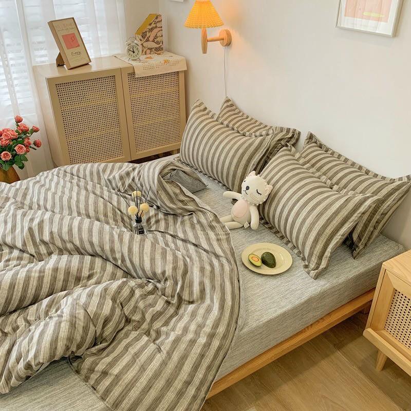 Bộ chăn ga gối Cotton poly M2T Bedding Xám sọc, vỏ chăn mền, drap nệm và 2 vỏ gối