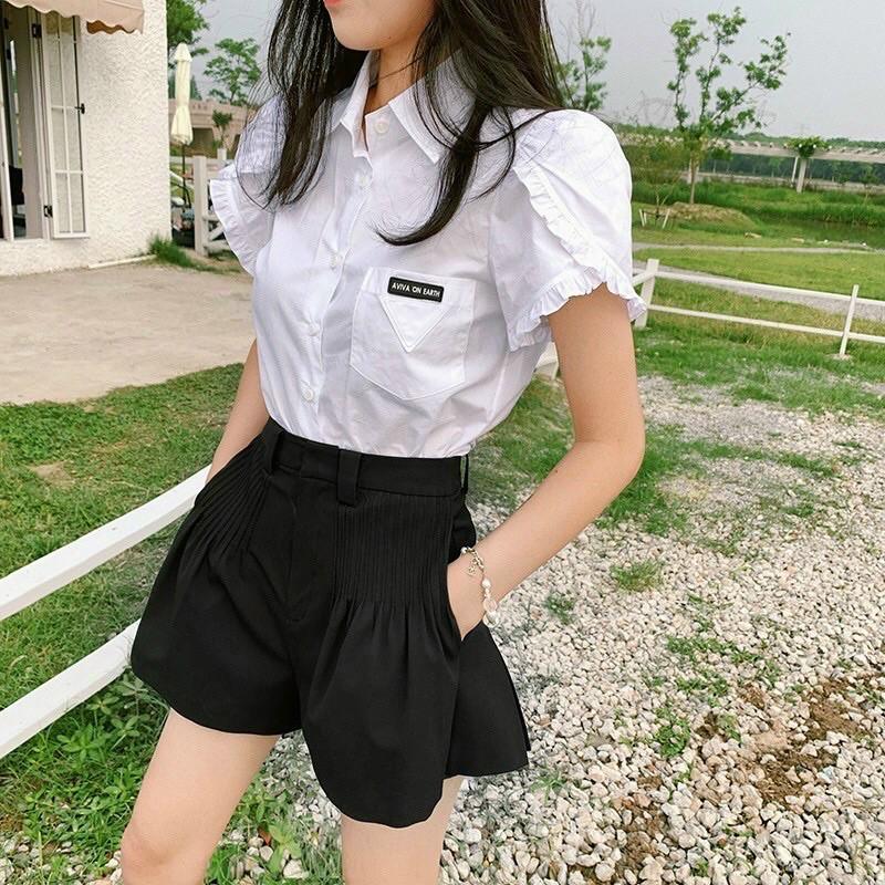 Áo sơ mi tay ngắn phối bèo chất kate