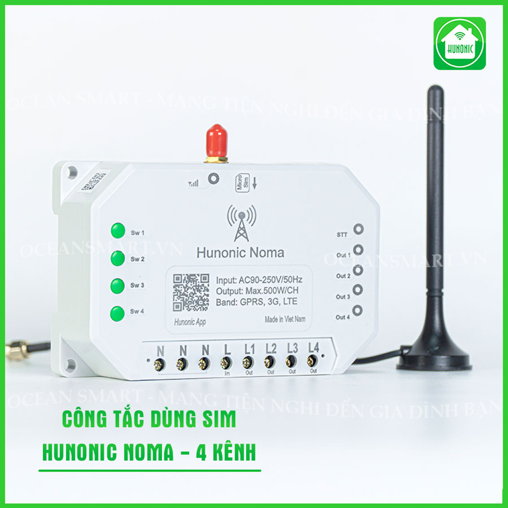 Công Tắc Thông Minh Hunonic Noma Dùng Sim, Điều Khiển Mọi Thiết Bị Từ Xa Qua Điện Thoại - HNNOMA4CH