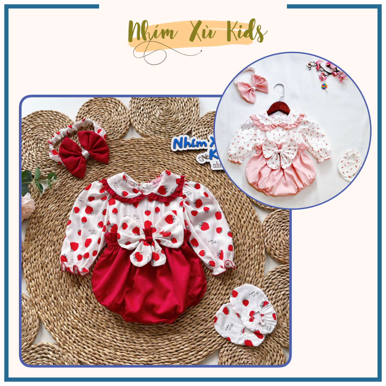 Body Nơ Cánh Bướm Màu Đỏ Cho Bé Gái 3 Đến 12kg Chất Thô Đũi Cotton