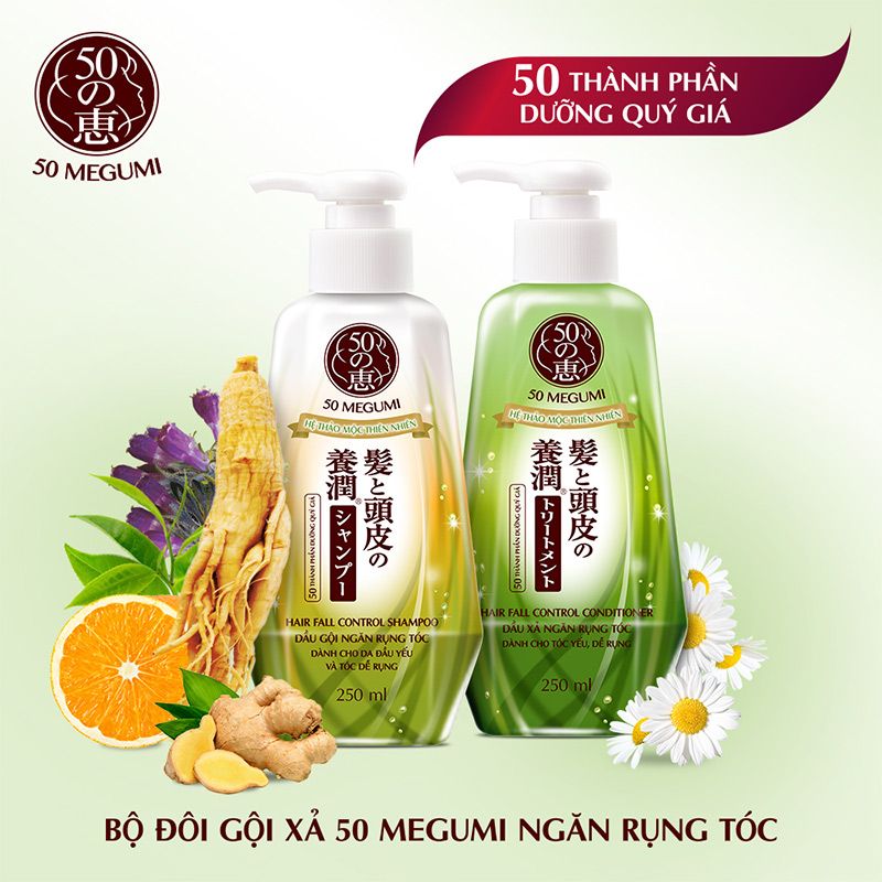 Hộp Quà Ngăn Rụng Tóc 50 Megumi Hair Fall Control (Dầu Gội 250ml + Dầu Xả 250ml) + Túi Da Họa Tiết Vintage 50 Megumi