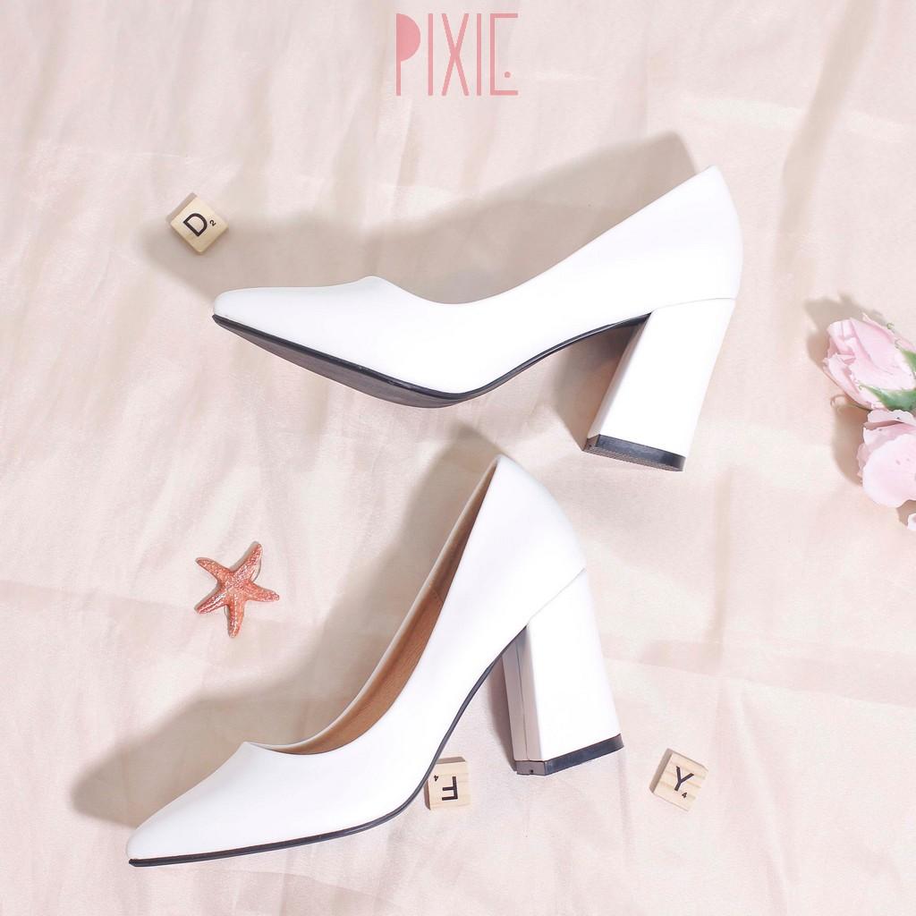 Giày Cao Gót 8cm Đế Vuông Mũi Nhọn Basic Màu Kem Pixie P159