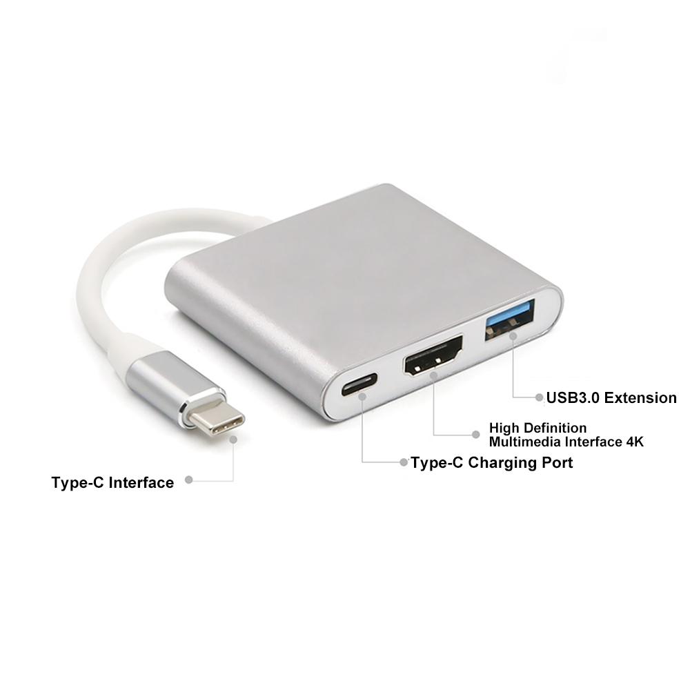 USB3.1 Type-C sang Giao diện đa phương tiện độ nét cao Bộ chuyển đổi 4k 3 cổng Thiết bị chuyển đổi Cáp hỗ trợ Tương thích cho - Bạc