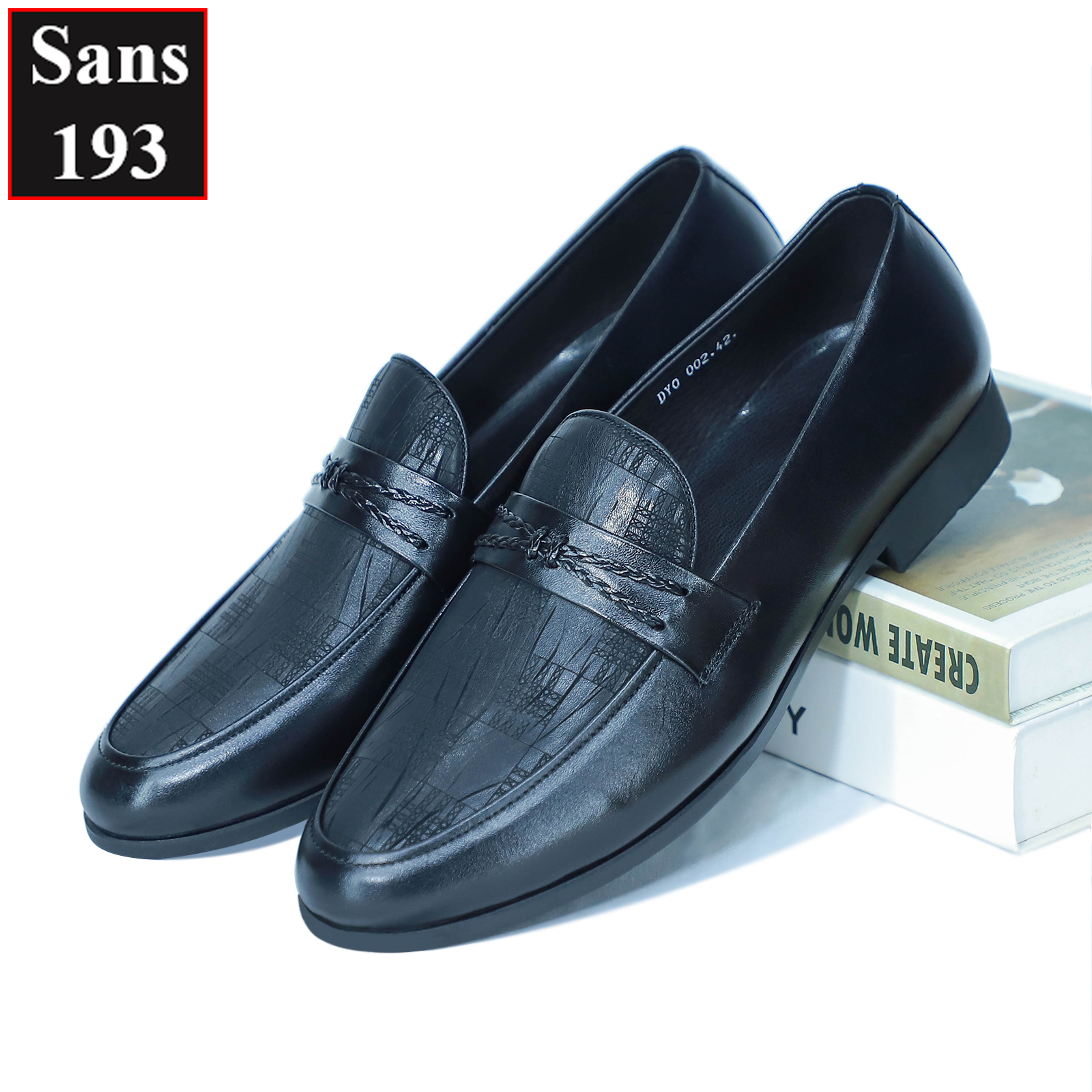 Giày lười nam da bò thật Sans193 penny loafer hoạ tiết đẹp cao cấp giầy mọi moca công sở đen thời trang hàn quốc