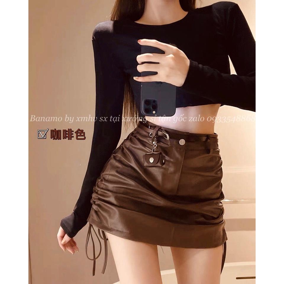 Chân váy ngắn nữ chất da mềm dây rút 2 bên cá tính màu đen nâu kem thời trang Banamo Fashion 5912