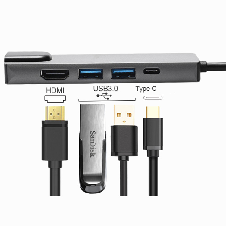 Hub chuyển đổi USB-Type C 5in1 tích hợp cổng mạng Lan , cổng sạc nhanh PD Type C 3.0, 2 cổng USB 3.0 và cổng HDMI chuẩn 4K dành cho Macbook, SamSung Dex, HP, Acer, Asus