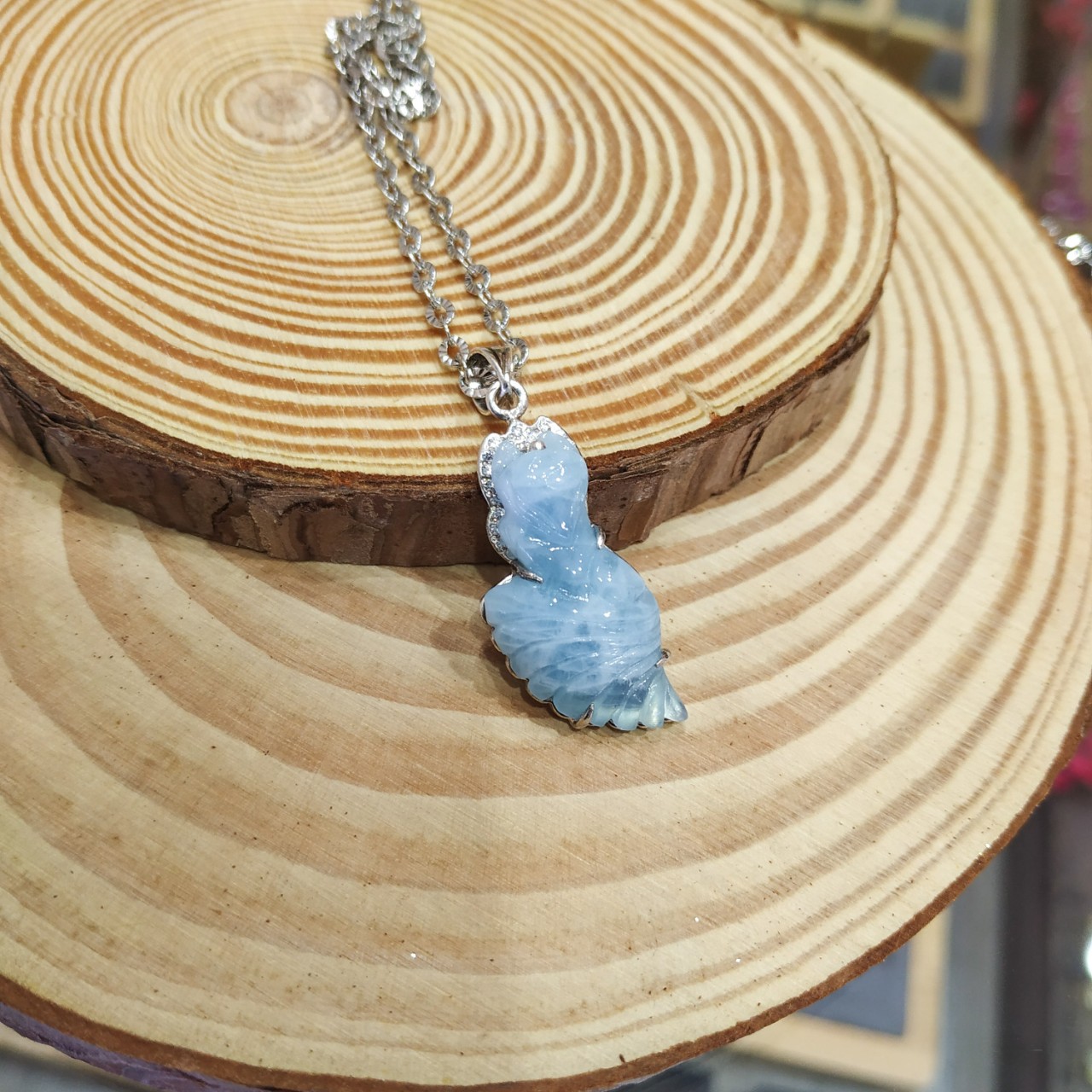 Mặt dây bạc hồ ly aquamarine kèm giấy đảm bảo đá