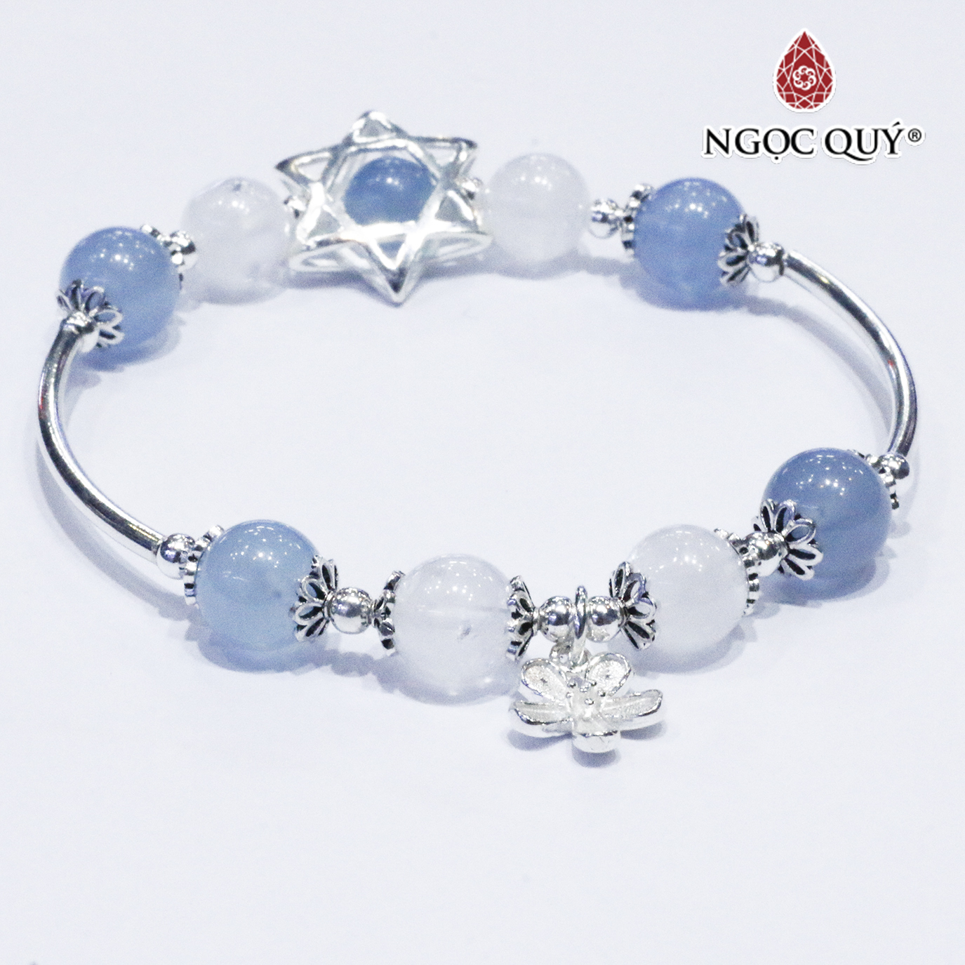 Vòng thạch anh ưu linh trắng phối aquamarine charm bạc - Ngọc Quý Gemstones