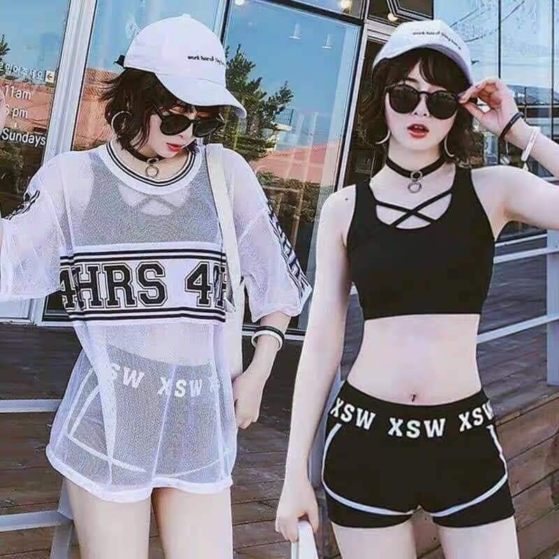 Bộ bikini 3 món áo lưới ngoài in chữ sang chảnh