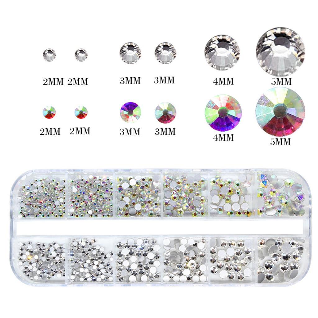 Khay nail 12 ô, phụ kiện trang trí móng tay, đá nail AB, đá chân bạc (1440 viện đá mix size/set) phụ kiện nail hot 2020