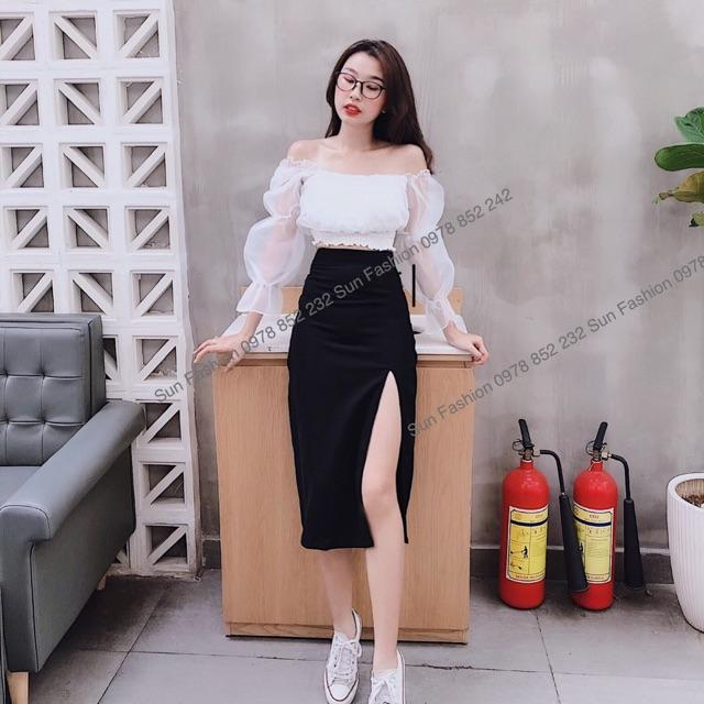 Chân váy chữ A dáng dài xẻ tà midi chất liệu tuyết mưa dày dặn Sun Fashion