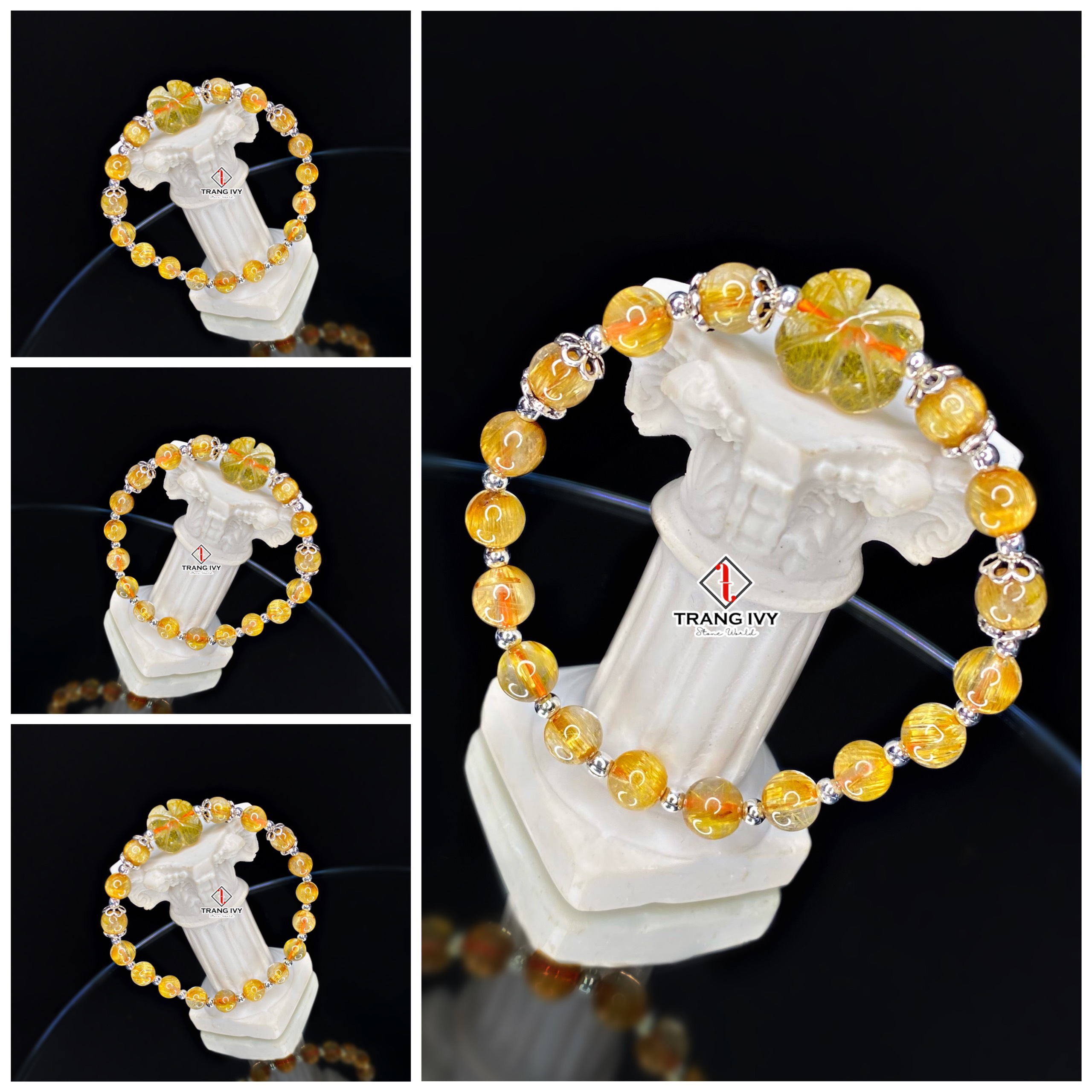 Vòng Tay Thạch Anh Tóc Vàng Mix Charm Bạc Cỏ Bốn Lá Tóc Vàng