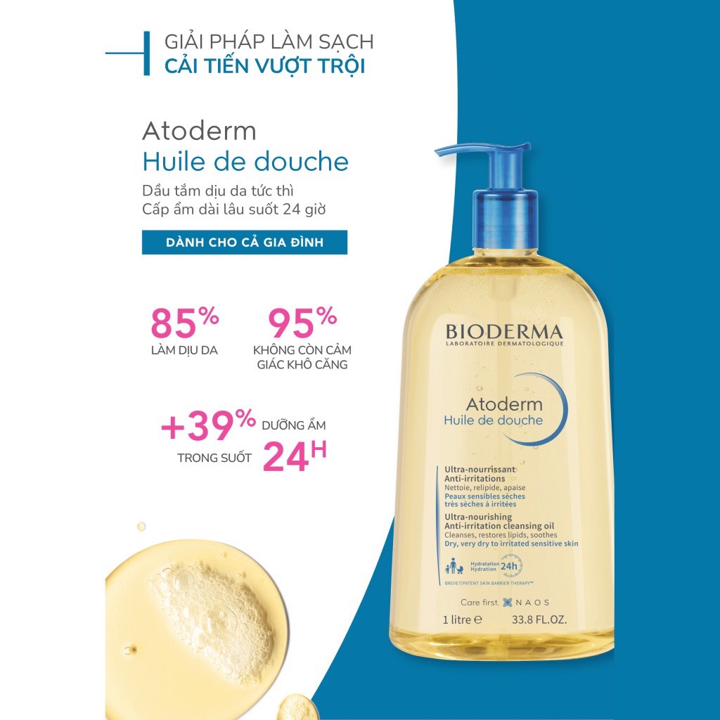 Dầu Tắm Bioderma Atoderm Huile De Douche giúp làm sạch, làm dịu và dưỡng ẩm dành cho da khô, da nhạy cảm 1L