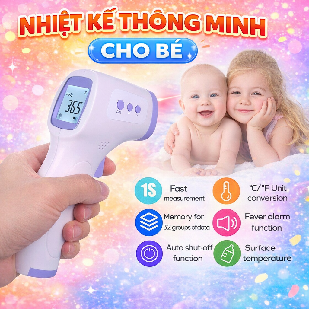 Nhiệt Kế Đo Trán Thông Minh Cho Bjé &amp; Người Lớn – Màn Hình Màu, Đo Nhanh Chính Xác