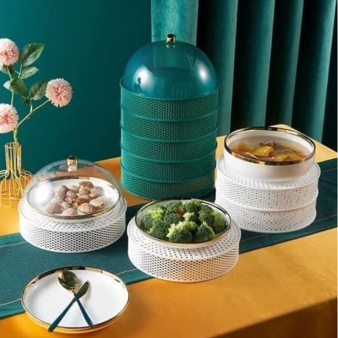 Lồng bàn lưới 5 tầng màu xanh bảo quản thức ăn tránh côn trùng, vừa làm bộ giổ đa năng tiện lợi.