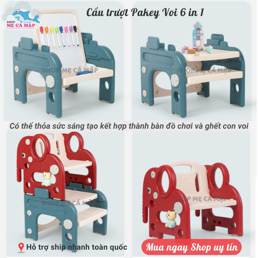 Cầu trượt cho bé PAKEY Hình Chú Voi Đa Năng 6 in 1 Hàng Cao Cấp, HÀNG SẴN KHO