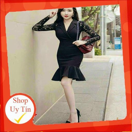 ĐẦM ÔM ĐUÔI CÁ CỔ VEST PHỐI REN MI