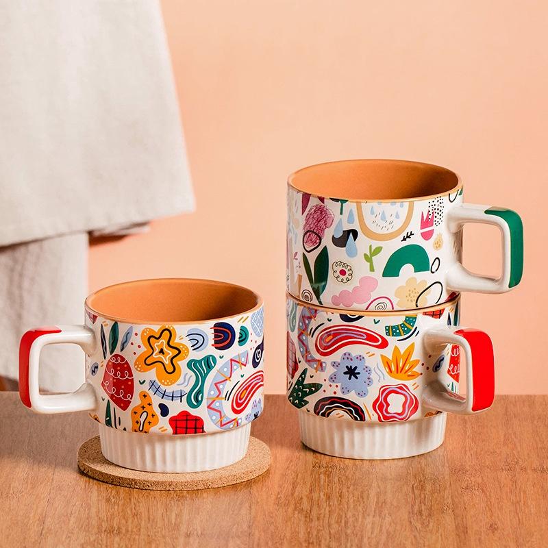 Cốc sứ uống cafe cao cấp 320ml họa tiết màu sắc nổi bật