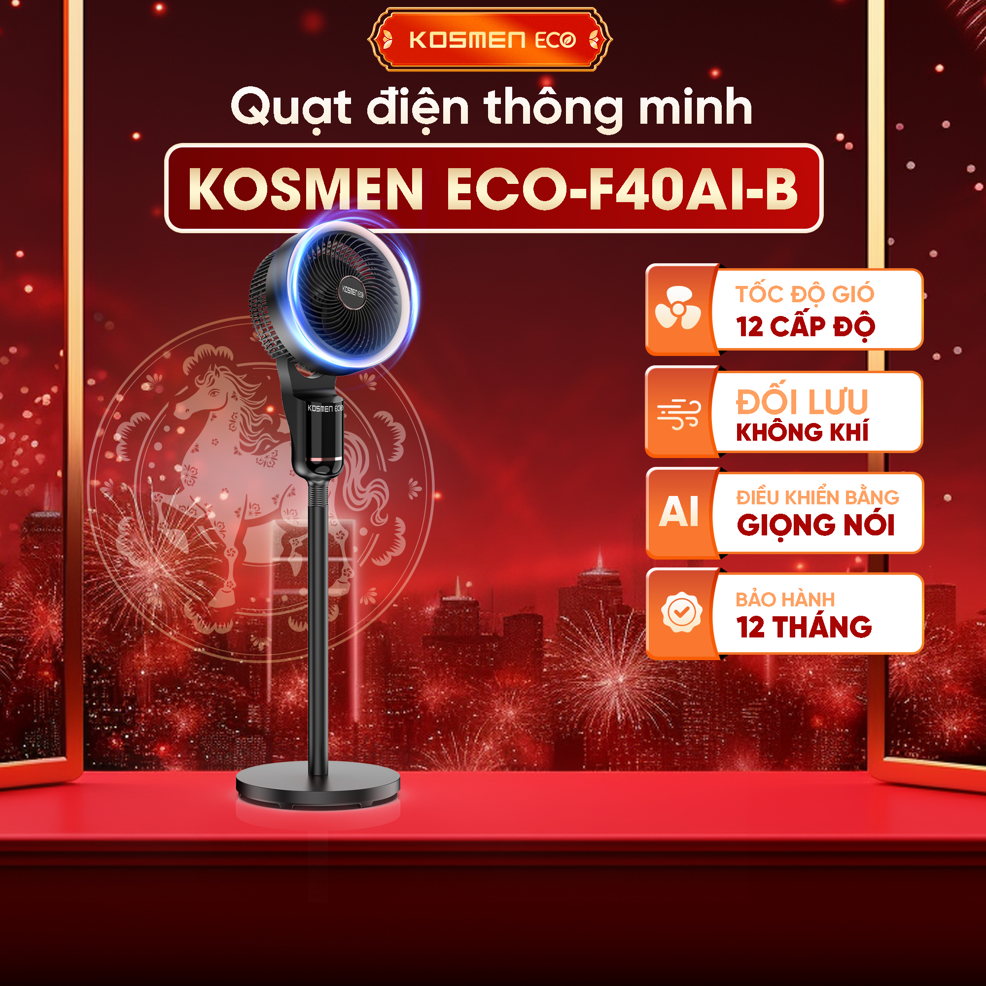 Quạt đối lưu không khí điều khiển bằng giọng nói Kosmen Eco ECO-F40AI-B, quạt thông minh, quạt điện (quạt đứng)