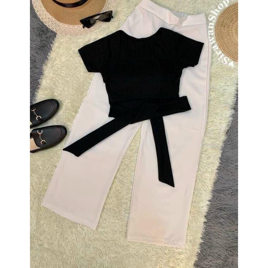 Set Bộ Áo Croptop Buộc Eo Và Quần Ống Rộng Thời Trang Nữ Rose Fashion