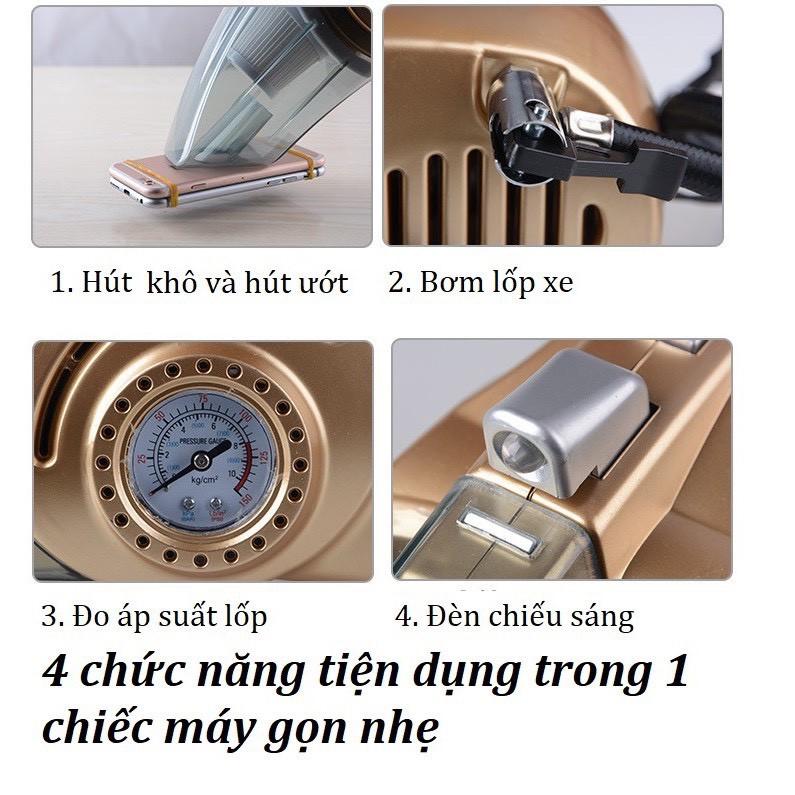 Máy Hút Bụi Xe Ô Tô 120W Cầm Tay Kiêm Bơm Lốp Đèn Pin Và Đo Áp Suất