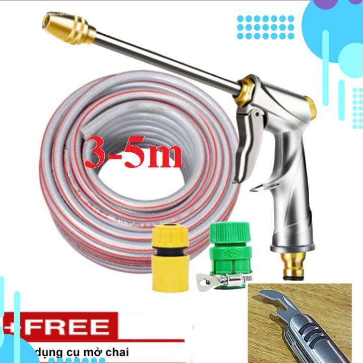 Bộ dây vòi xịt nước rửa xe,tưới cây .tăng áp 3 lần,loại 3m,5m 206701-2 đầu đồng,cút,nối nhựa+ tặng mở chai
