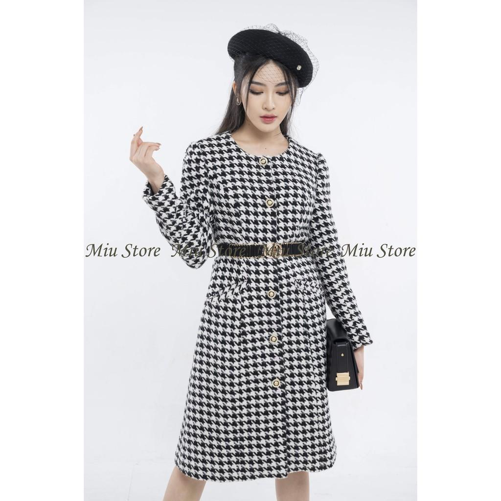 Áo khoác dạ dáng dài họa tiết houndstooth cổ tròn - AK00001