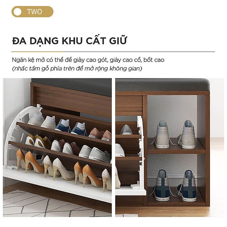 Tủ Giày Gỗ 100cm MDF Phủ Melamine Chống Ẩm Cánh Lật Siêu Gọn 3 Ngăn Kèm Ghế Đệm Da