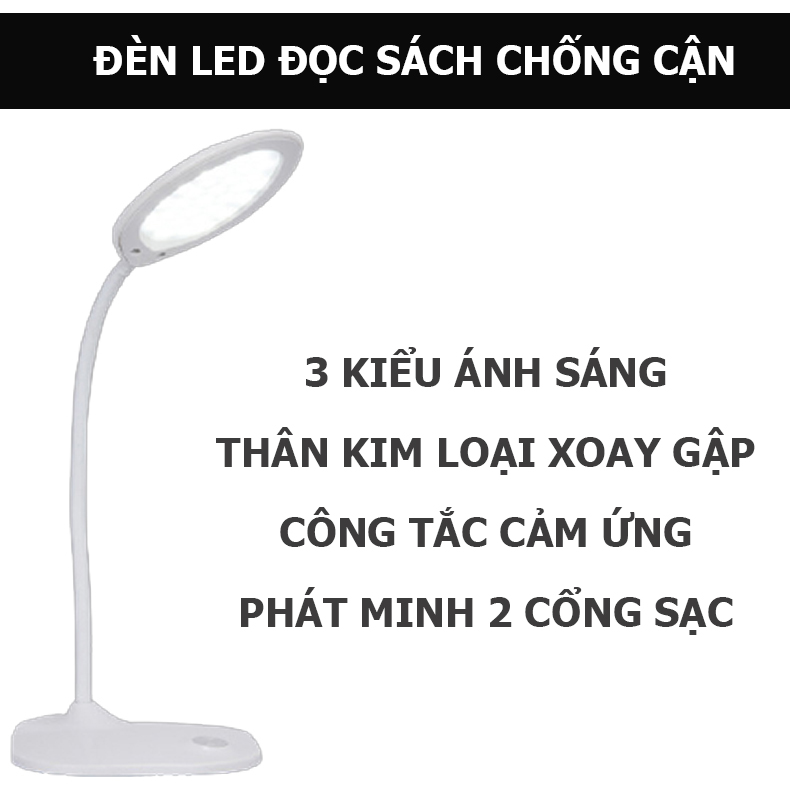 Đèn Bàn Học Led Chống Cận, 3 Kiểu Ánh Sáng, Pin Dự Phòng 2800mAh, Công Tắc Cảm Ứng- Hàng Nhập Khẩu