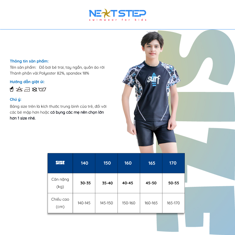 Đồ bơi bé trai, tay ngắn họa tiết cá mập, chất vải chống nắng, co giãn 4 chiều big size từ 40kg đến 55kg