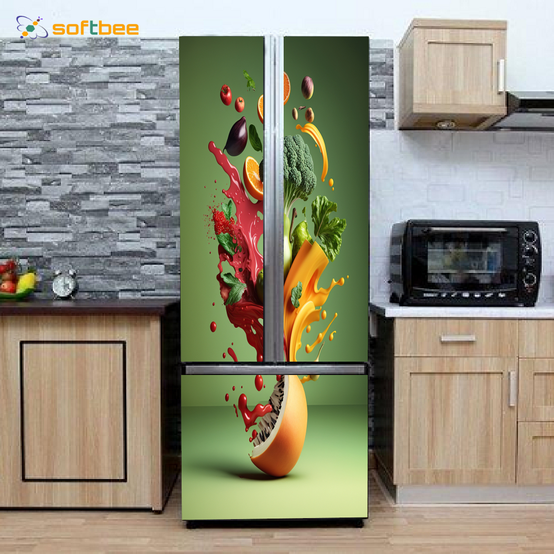 Decal dán tủ lạnh máy giặt, in hình hoa quả phông xanh lá, gồm 4 kích thước mẫu chọn