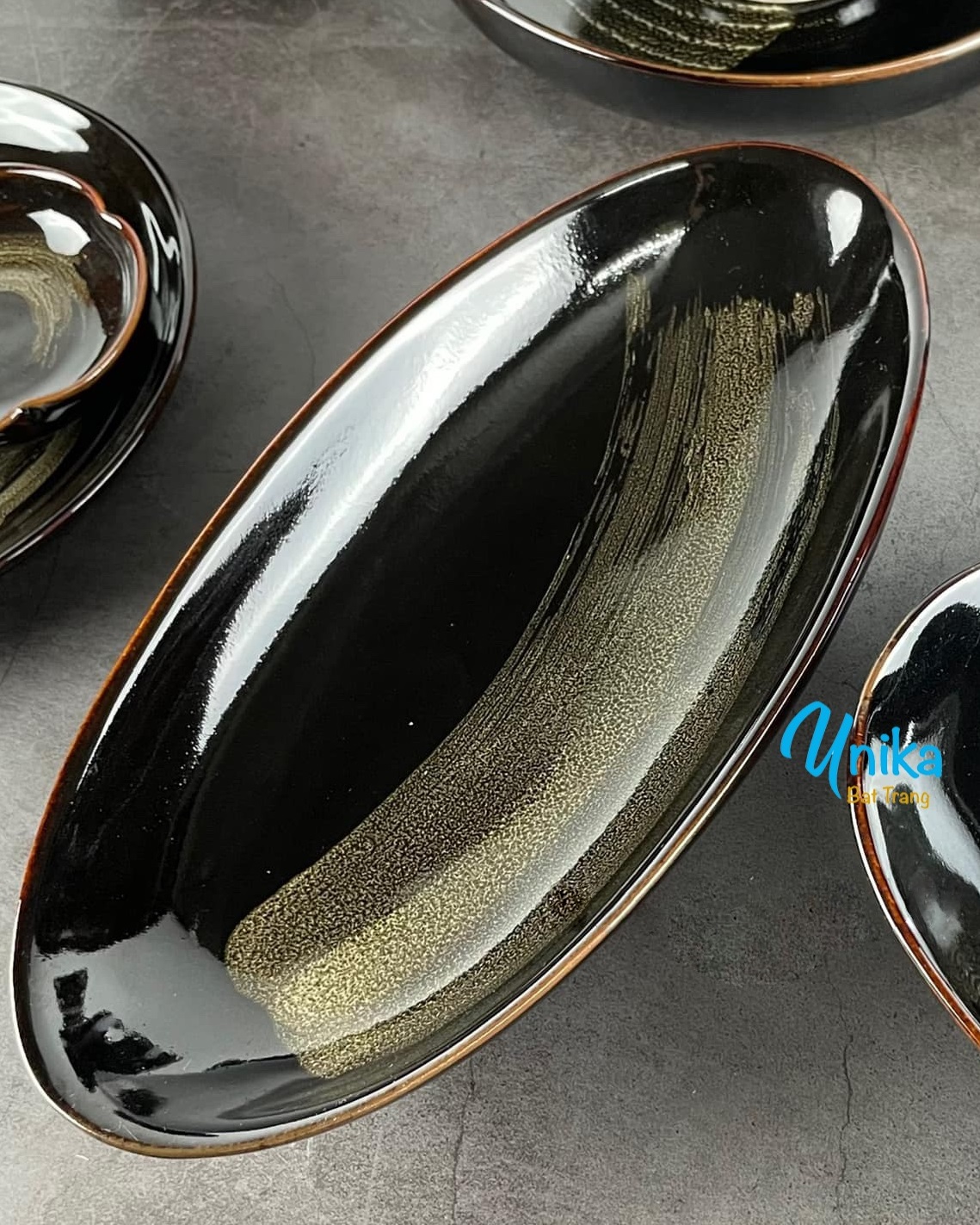 Khay bầu dục xoài 29*14cm men hỏa biến - Đĩa bầu dục xoài men cánh gián - Gốm Unika Bát Tràng