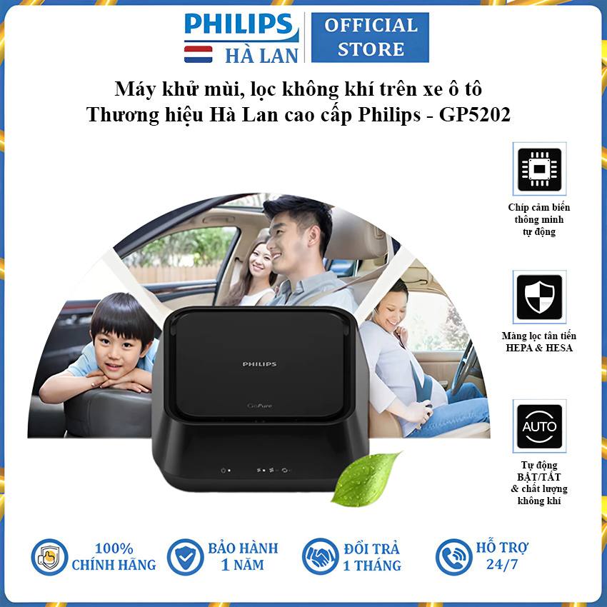 Máy khử mùi lọc không khí ô tô thương hiệu Philips GP5202 nâng cấp màng lọc HEPA và HESA - Hàng nhập khẩu