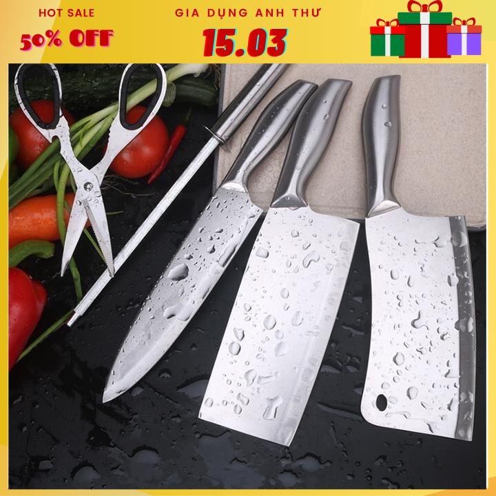 Bộ Dao Kéo 6 Món Nhà Bếp Nhật Bản Cao Cấp Chất Liệu Inox Chống Gỉ Có Đế Đựng Dao