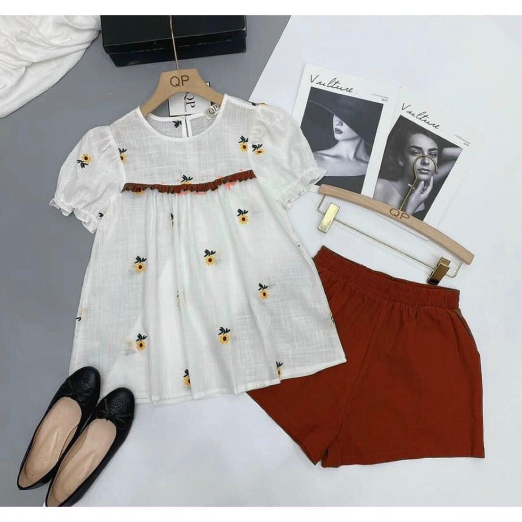SET ÁO KATE THÊU HOA+QUẦN ĐÙI MÀU XANH ĐỎ NUDE-hình thật trải sàn